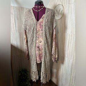 Altar'd State Taupe Knit Cardigan With Fringe